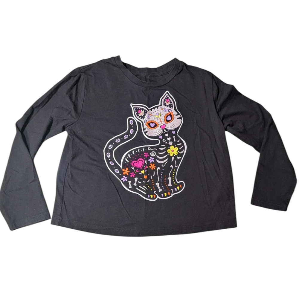 Girls Black Celebrate Halloween Cat Shirt Size M 7-8 Pre-Owned Well Cared For